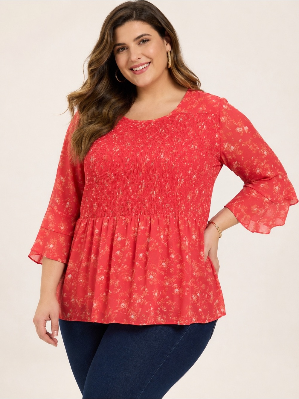 Penningtons In Every Story Coral Floral Smocked Peplum Blouse | Size 1X